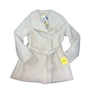 Tahari Womens Coat Wrap Faux Wool Water-Resistant Pockets Tie Belt, Cream, S